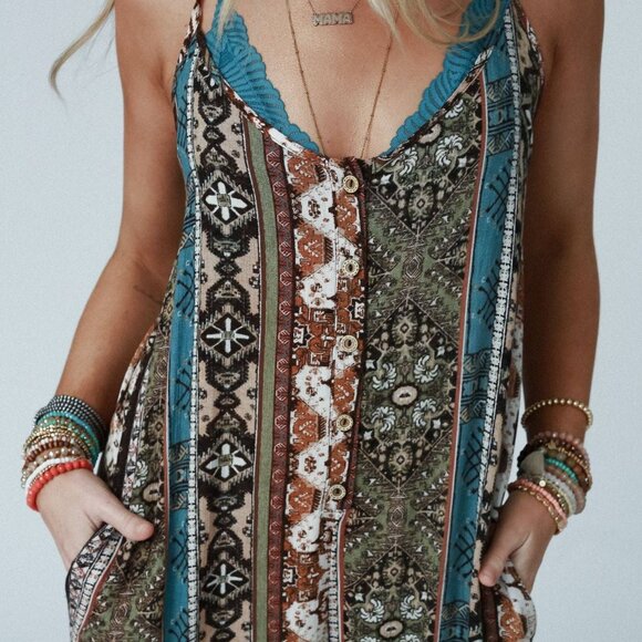 NWT Three Bird Nest Hanging Gardens Jumpsuit Size Small Olive Teal Pattern Small - Picture 2 of 7